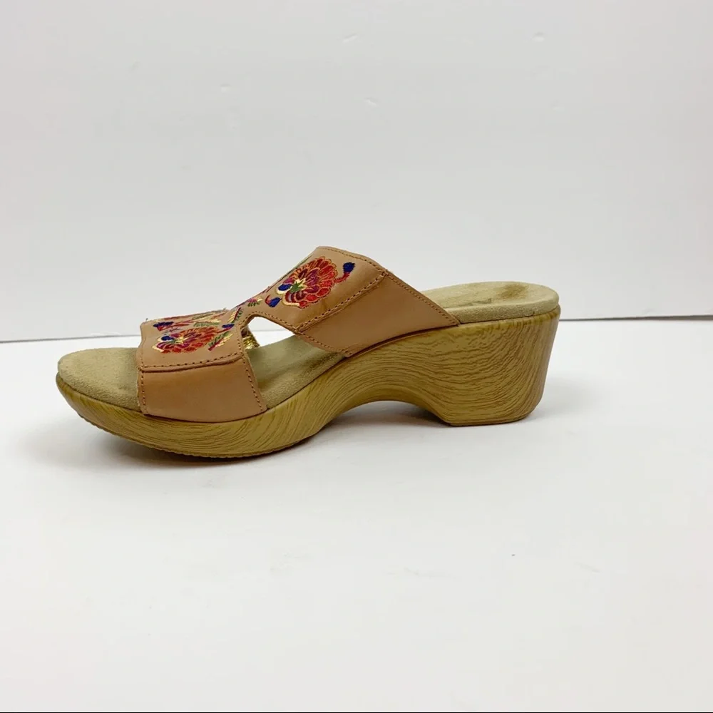 Alegria Linn Clog Floral Embroidered Tan Leather Wedge Sandals